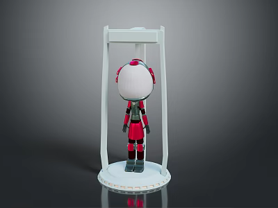 Red And White Robot Figure In White Frame Structure With Circular Base 3d model