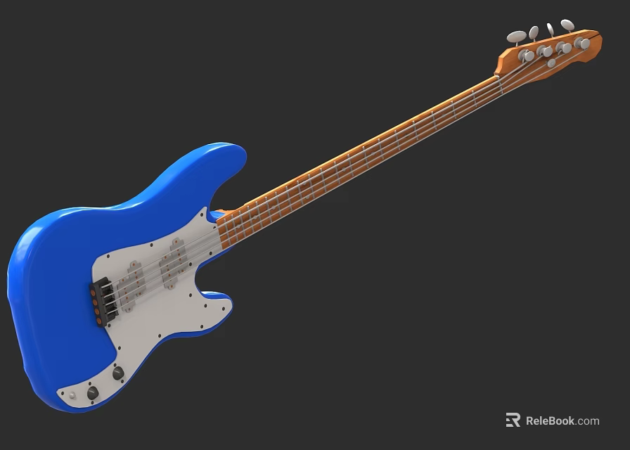 Blue Electric Bass Guitar With Wooden Neck And White Pickguard Design 3d model 