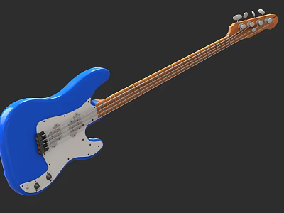 Blue Electric Bass Guitar With Wooden Neck And White Pickguard Design 3d model