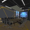 Modern Conference Room Interior Design With Long Table Chairs Projection Screen And Geometric Wall Lines