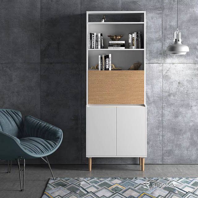 Modern Bookshelf Design With White Cabinet Wooden Door And Open Shelves For Books Decorations 3d model 