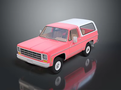 Pink Vintage Pickup Truck With White Roof On Reflective Surface 3d model