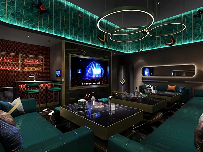 Luxury KTV Room With Modern Interior Green Sofas Large Screen TV And Round Chandeliers 3d model