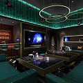 Luxury KTV Room With Modern Interior Green Sofas Large Screen TV And Round Chandeliers