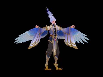 Mythical Humanoid Character With Blue Avian Wings Outstretched Arms And Golden Accents 3d model