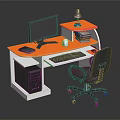 Modern Office Desk With Orange Surface Black Monitor Lamp Books Coffee Cup And Chair