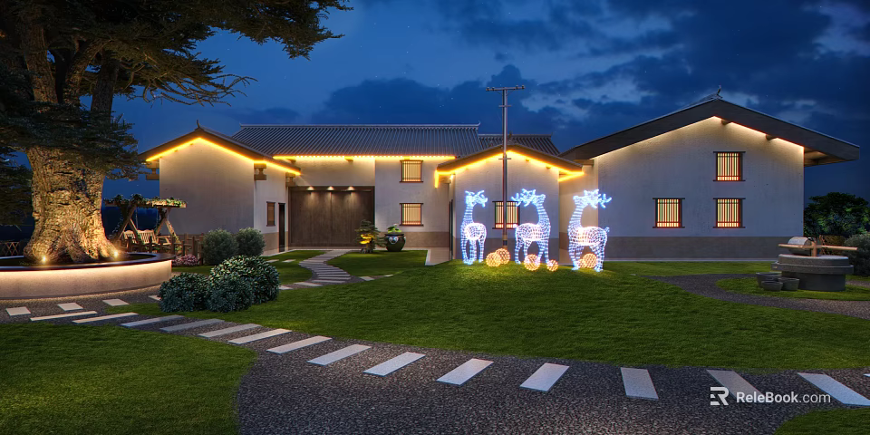 Guesthouse Building Exterior At Night With Deer Shaped Lights Green Lawn And Pathway 3d model 