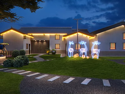 Guesthouse Building Exterior At Night With Deer Shaped Lights Green Lawn And Pathway 3d model