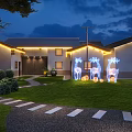 Guesthouse Building Exterior At Night With Deer Shaped Lights Green Lawn And Pathway
