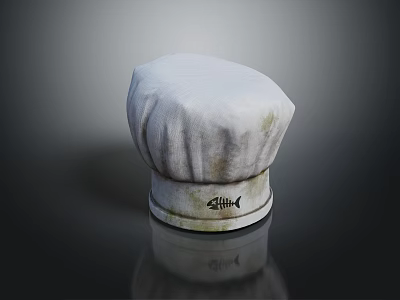 White Chef Hat With Pleated Top And Fish Skeleton Logo On Brim 3d model