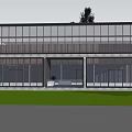 Modern Architectural Exterior Featuring Glass Facade Geometric Wall Entrance Area And Green Lawn