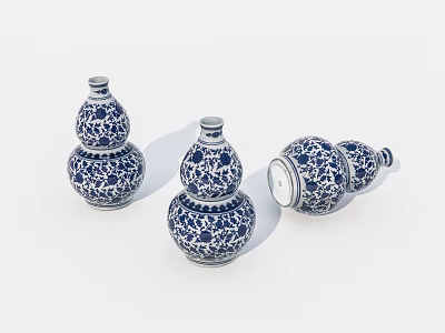 Three Decorative Traditional Blue And White Porcelain Gourd Vases With Intricate Patterns 3d model