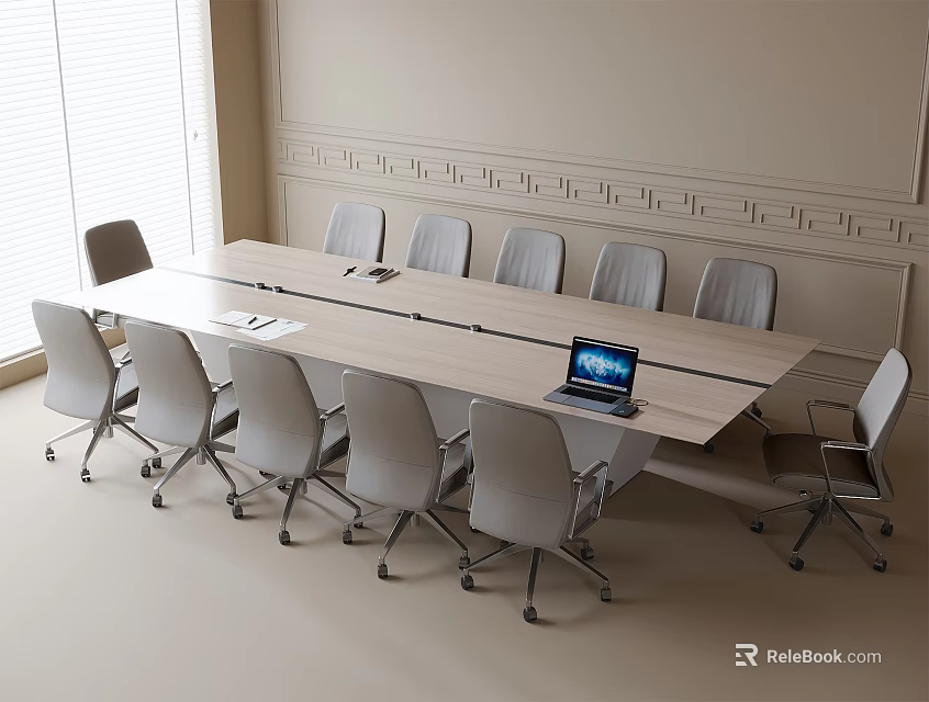 Modern Conference Table In Meeting Room With Gray Chairs Laptop And Decorative Walls 3d model 