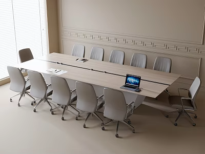 Modern Conference Table In Meeting Room With Gray Chairs Laptop And Decorative Walls 3d model