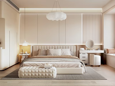 Modern Beige Bedroom Interior With Upholstered Headboard Cloud Pendant Light And Ottoman Minimalist Design Elements 3d model