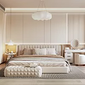 Modern Beige Bedroom Interior With Upholstered Headboard Cloud Pendant Light And Ottoman Minimalist Design Elements