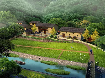 Traditional Boutique Guesthouse Architecture With Lush Green Hills River and Farmland 3d model