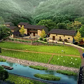 Traditional Boutique Guesthouse Architecture With Lush Green Hills River and Farmland