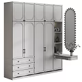 Modern White Dresser with Gold Handles Curved Mirror and Decorative Shelves