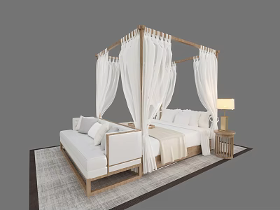 Modern Canopy Double Bed With White Drapes Side Bench Wooden Nightstand And Soft Area Rug 3d model