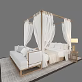 Modern Canopy Double Bed With White Drapes Side Bench Wooden Nightstand And Soft Area Rug