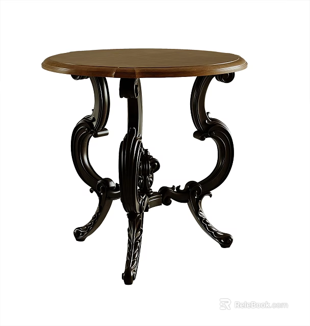 Vintage Wooden Side Table With Round Top And Ornate Carved Black Legs 3d model 
