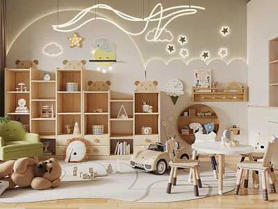 Kids Room With Wooden Shelves Stuffed Toys Table Chairs Animal Decor And Star Cloud Lights 3d model