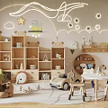 Kids Room With Wooden Shelves Stuffed Toys Table Chairs Animal Decor And Star Cloud Lights