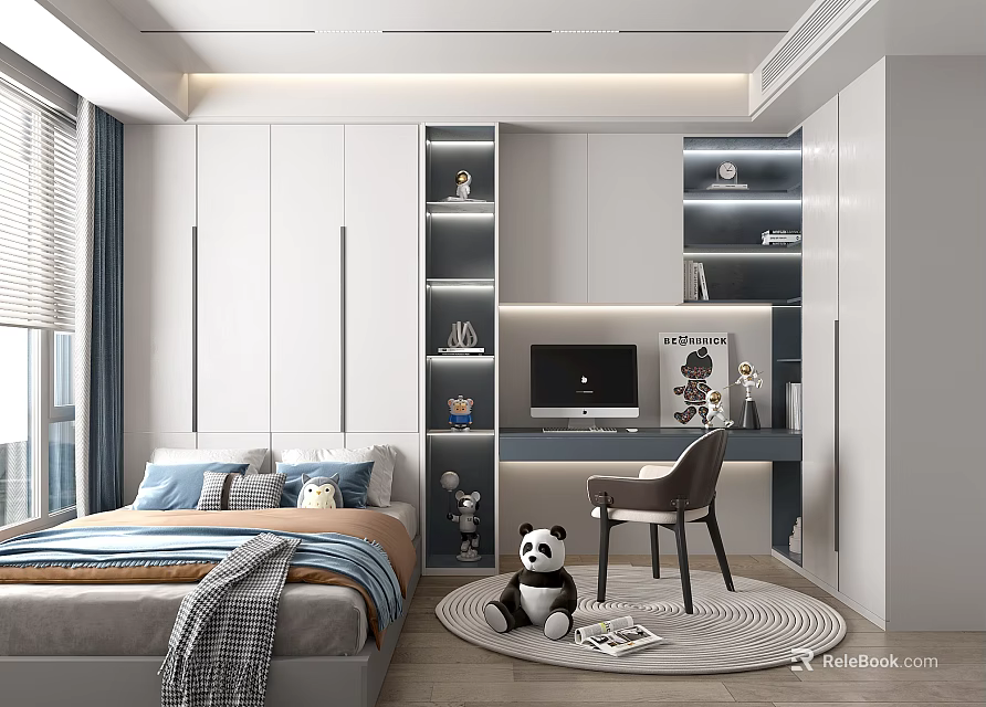Modern Kids Room With Bed Panda Toy Desk And Cabinets 3d model 