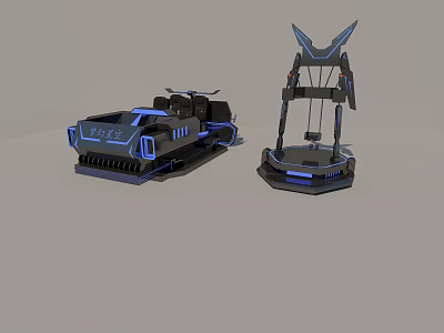 Futuristic Illuminated Black Blue Tech Devices With Vehicle And Stand Design 3d model