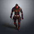Hooded Warrior Figure With Red Face Markings Intricate Armor And Dual Daggers