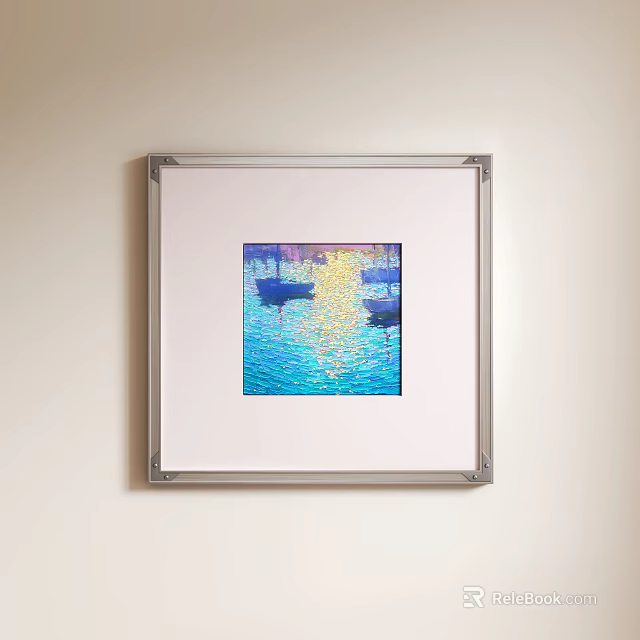 Silver Minimalist Frame With Impressionist Blue Water Boats And Sunlight Reflections Hanging On Light Wall 3d model 