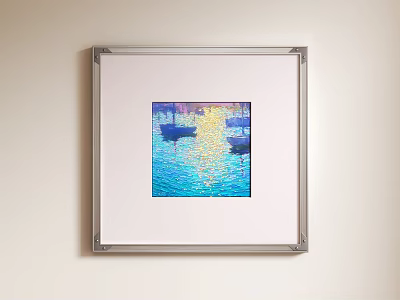 Silver Minimalist Frame With Impressionist Blue Water Boats And Sunlight Reflections Hanging On Light Wall 3d model
