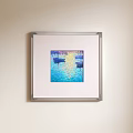 Silver Minimalist Frame With Impressionist Blue Water Boats And Sunlight Reflections Hanging On Light Wall