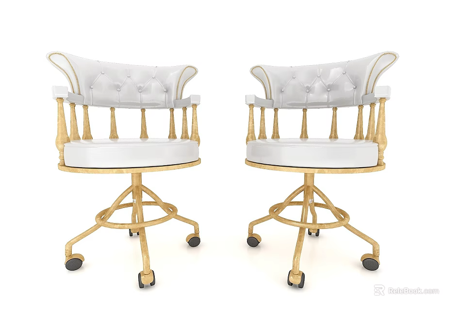 Elegant White Leather Chairs With Golden Legs And Rolling Casters 3d model 