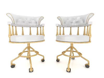 Elegant White Leather Chairs With Golden Legs And Rolling Casters 3d model