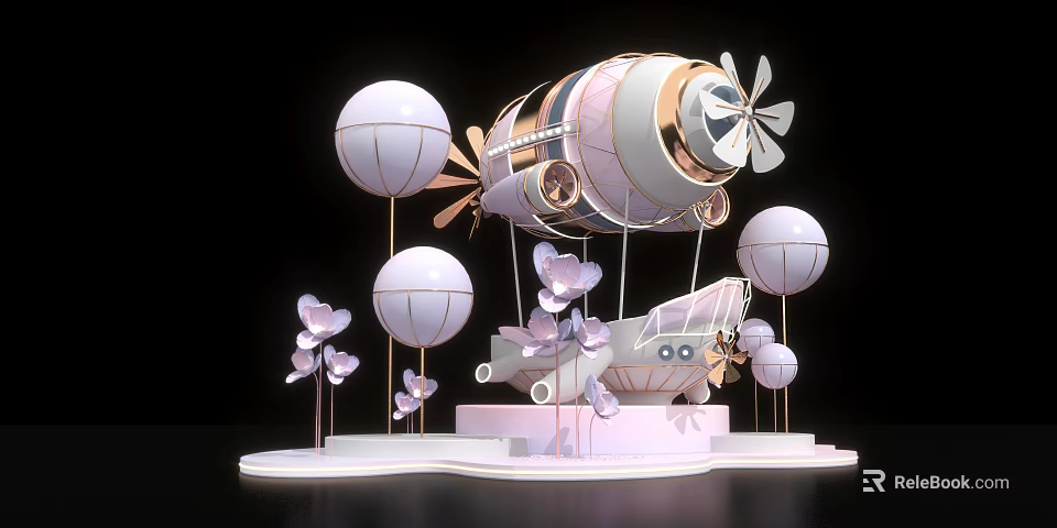 Decorative Airship Model With Pink White Balloons And Flower Decorations 3d model 