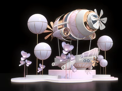 Decorative Airship Model With Pink White Balloons And Flower Decorations 3d model