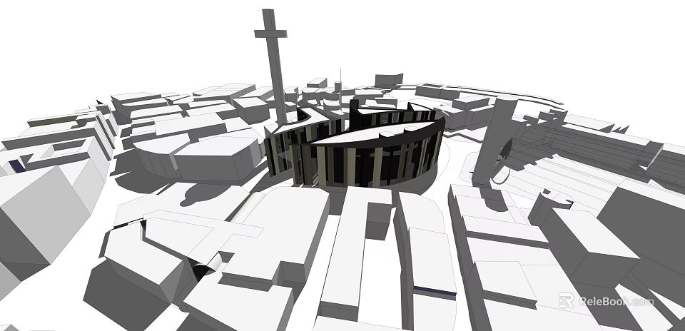 Urban Architectural Complex Featuring Circular Building And Cross Structure In City Layout 3d model 