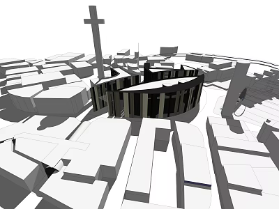 Urban Architectural Complex Featuring Circular Building And Cross Structure In City Layout 3d model