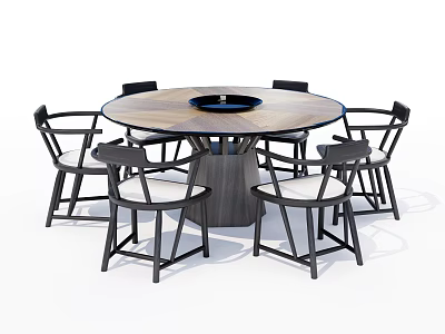 Modern Round Dining Table Set With Six Black Frame Chairs And White Cushions 3d model