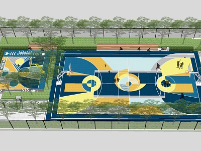 Vibrant Basketball Court Design With Blue Yellow Layout Seating Benches And Trees 3d model
