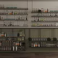 Wine Cabinet With Multi Tiered Shelves Filled With Wine Bottles Glasses And Green Plant Decor