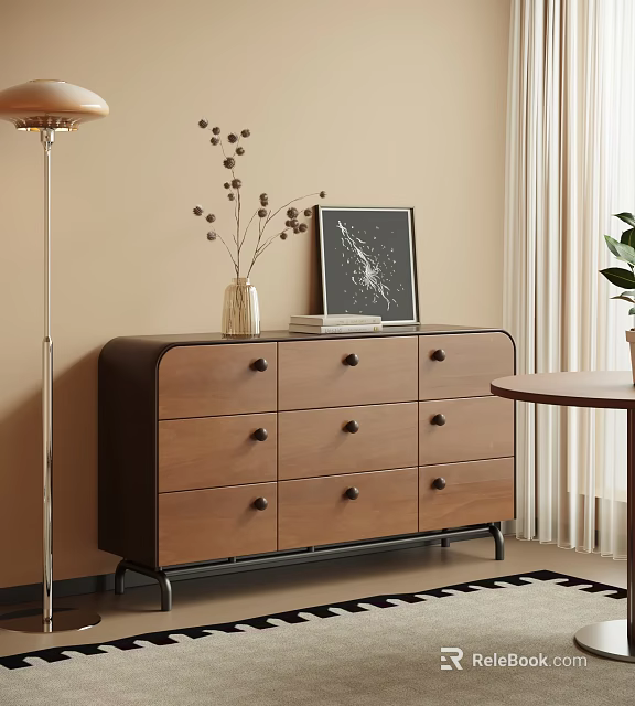 Six Drawer Brown Dresser With Vase Dried Flowers Books Wall Art Floor Lamp And Curtains 3d model 