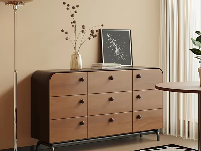 Six Drawer Brown Dresser With Vase Dried Flowers Books Wall Art Floor Lamp And Curtains 3d model