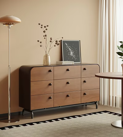 Six Drawer Brown Dresser With Vase Dried Flowers Books Wall Art Floor Lamp And Curtains 3d model