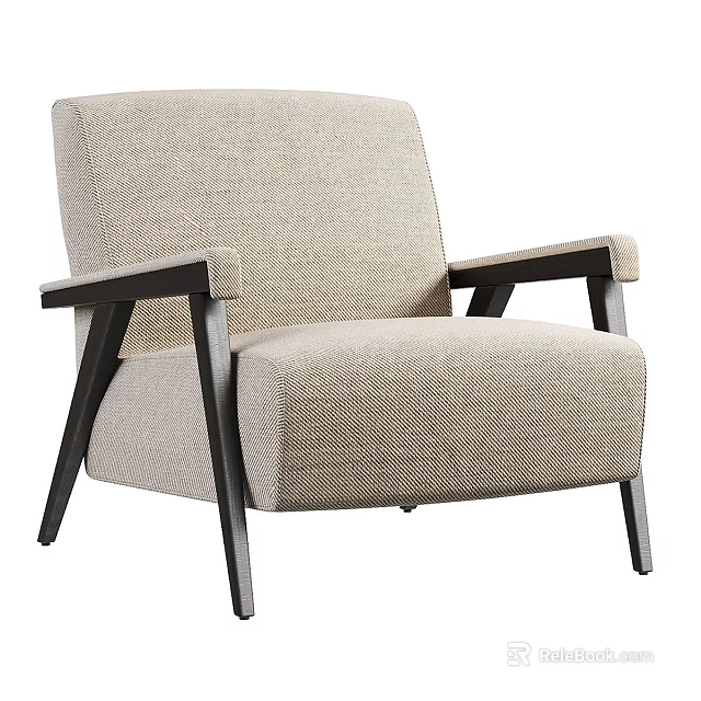 Modern Beige Accent Chair With Textured Fabric Wooden Armrests And Dark Legs 3d model 