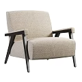 Modern Beige Accent Chair With Textured Fabric Wooden Armrests And Dark Legs