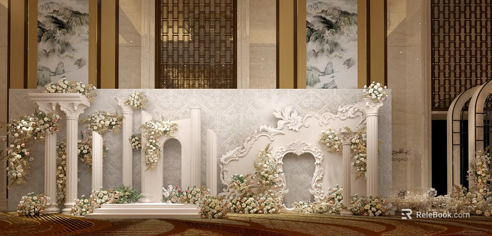 Luxurious Banquet Hall Decor With White Floral Arches And Carved Frames 3d model 