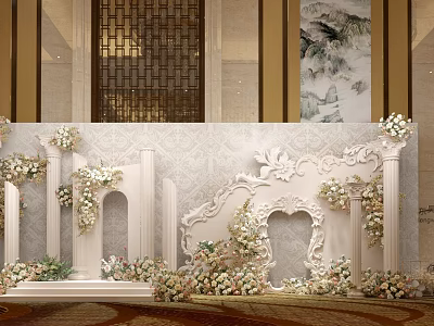 Luxurious Banquet Hall Decor With White Floral Arches And Carved Frames 3d model